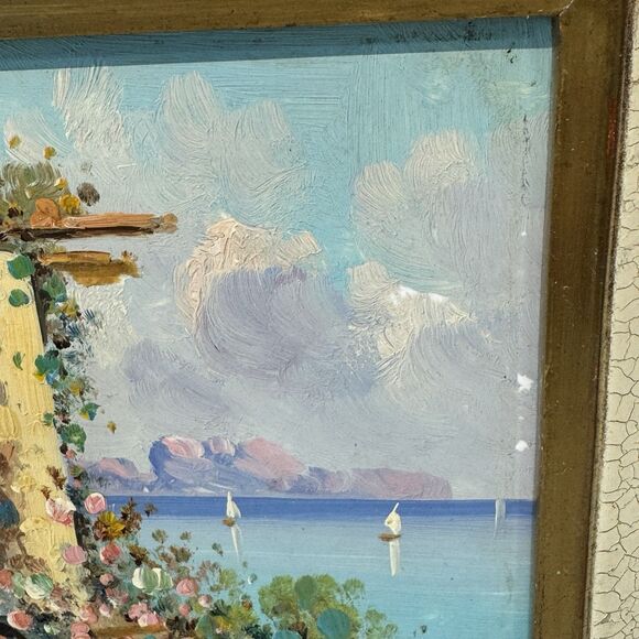 Vintage Enzo Petrilli 6″ Oil Painting on Tile – Italian Seaside Café (Framed) - Picture 16 of 16